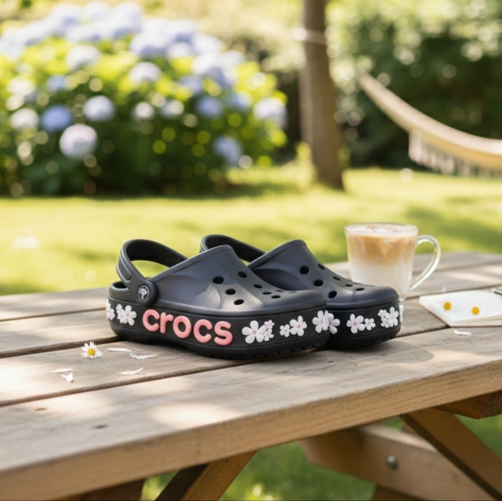 Crocs Crocband Platform Clogs Black Floral 3D Size 8
